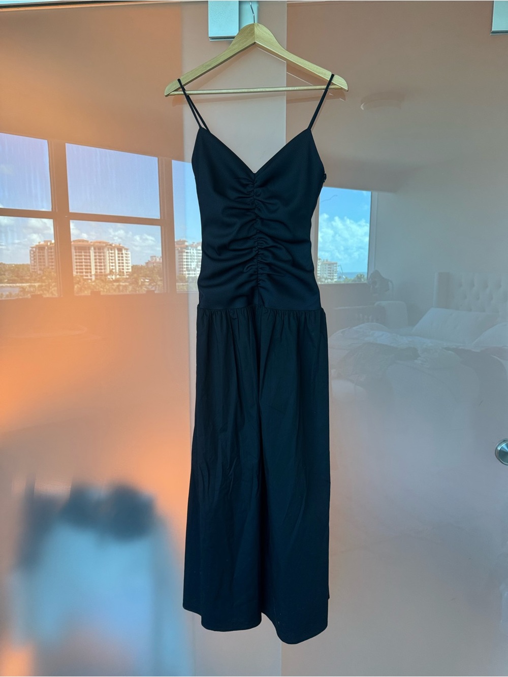 Anna Quan Black Ruched Midi Dress with Spaghetti Straps